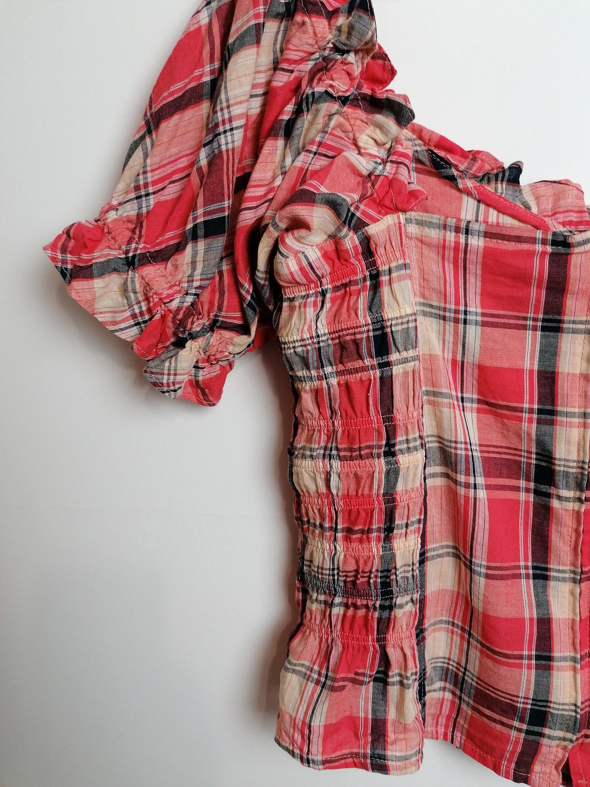 Peasant Style Puffy Blouse Plaid Check Pattern - size L