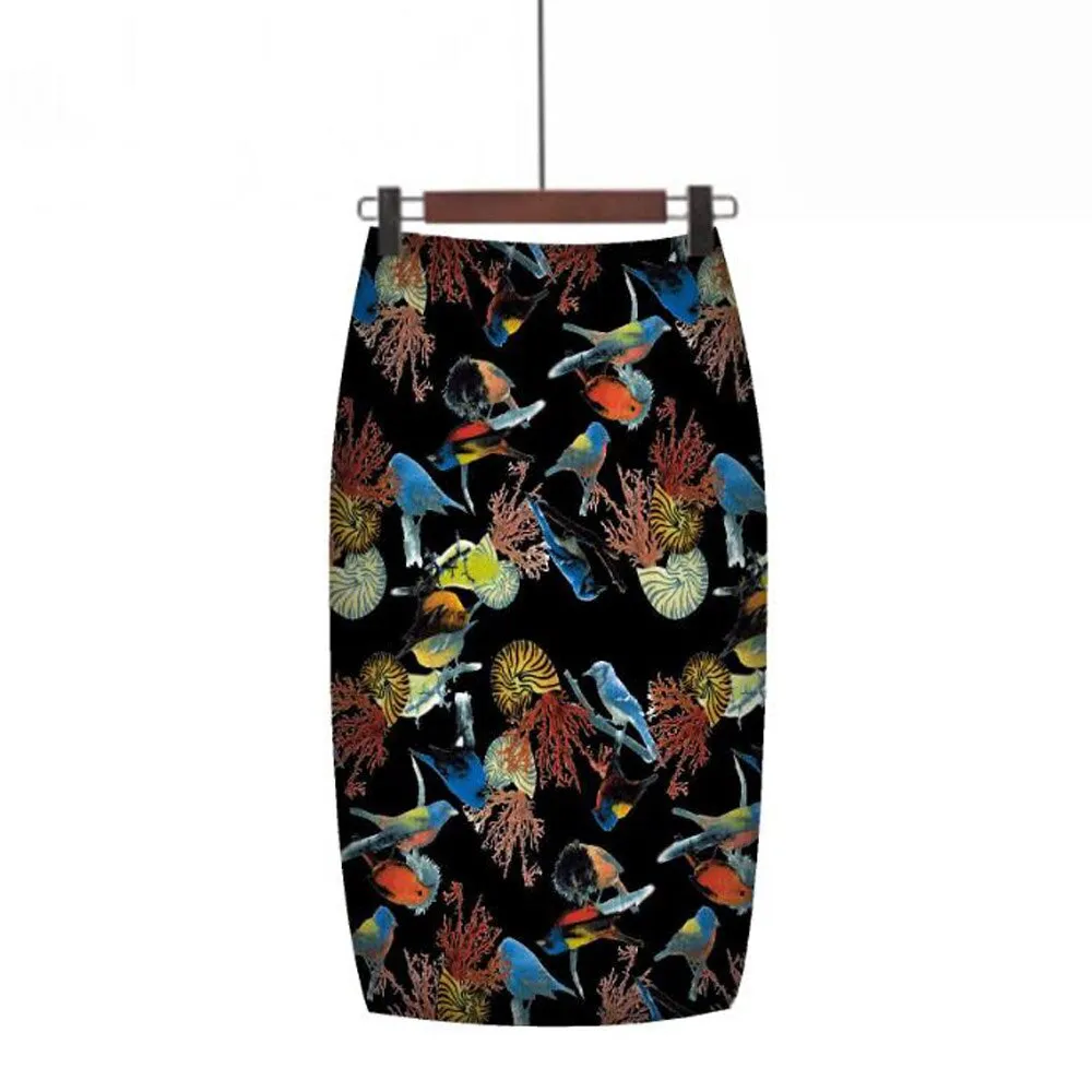 Printed High Waist Pencil High Waist Floral Lady Office Wear Knee Length Midi Skirts