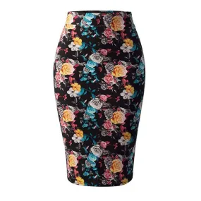 Printed High Waist Pencil High Waist Floral Lady Office Wear Knee Length Midi Skirts