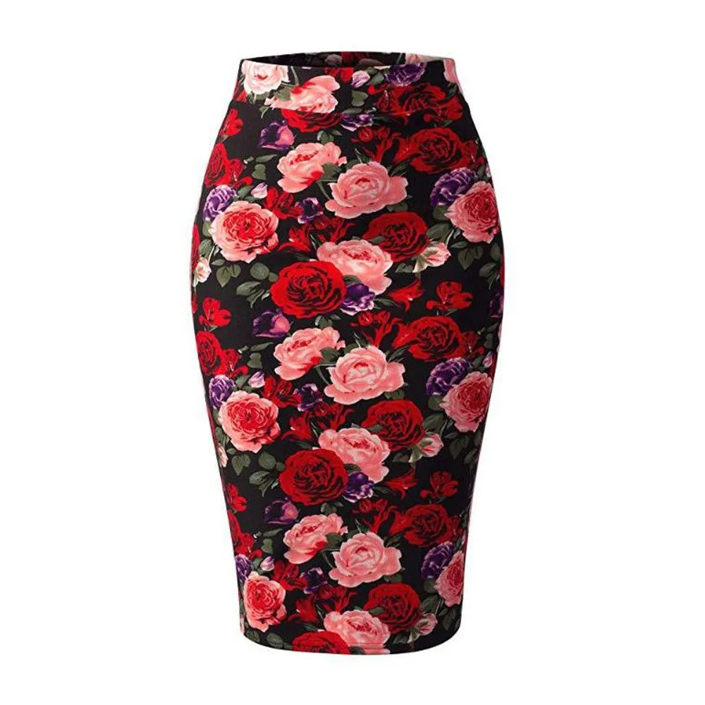 Printed High Waist Pencil High Waist Floral Lady Office Wear Knee Length Midi Skirts