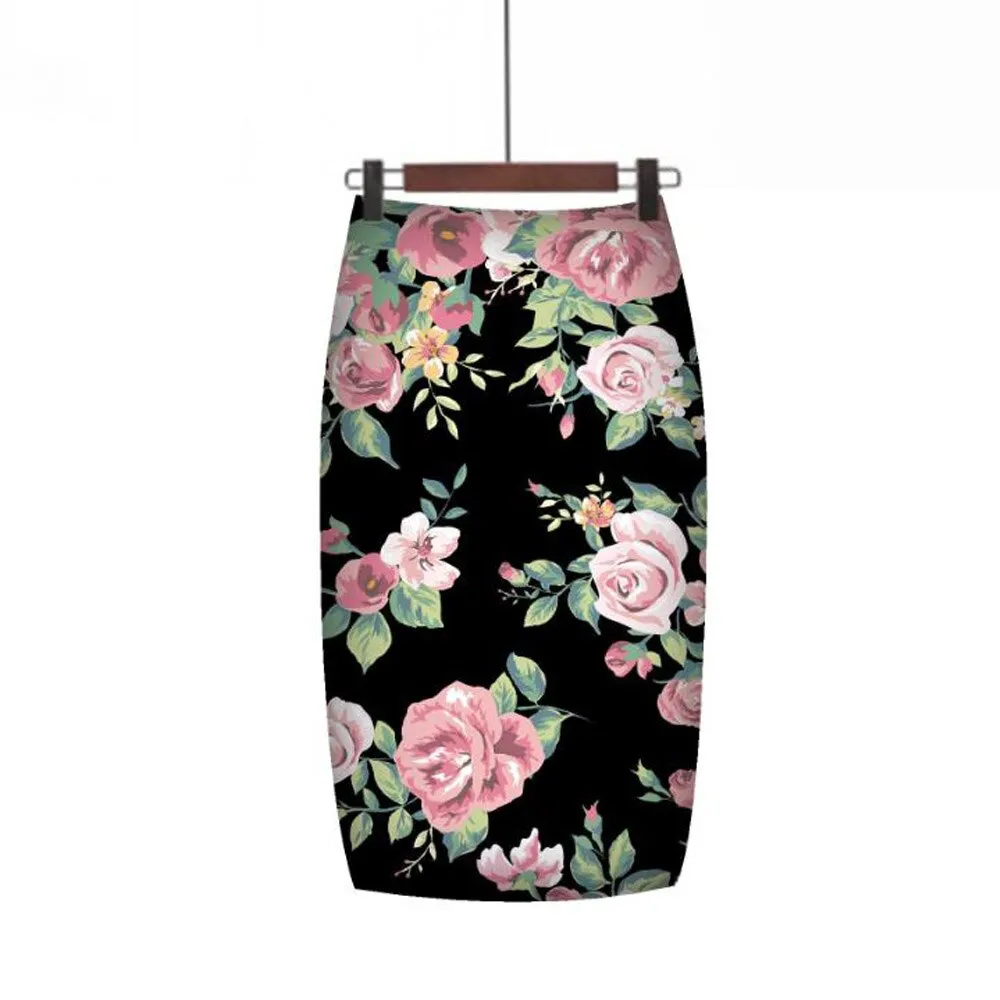 Printed High Waist Pencil High Waist Floral Lady Office Wear Knee Length Midi Skirts