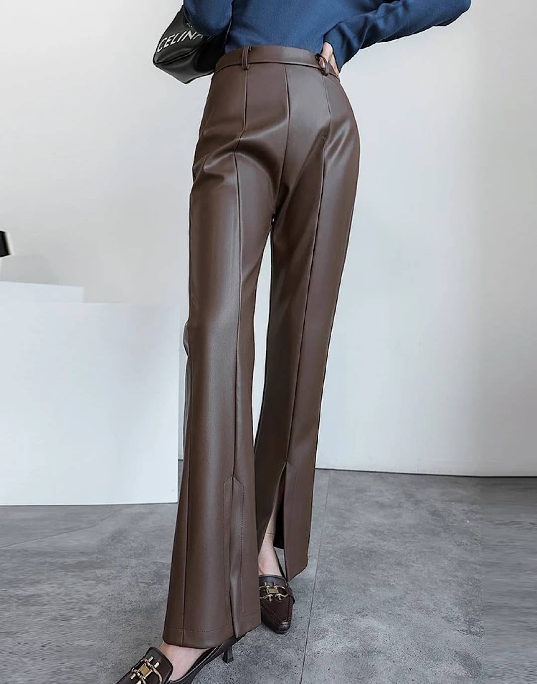 PU Leather Slim Pants With Front Slit