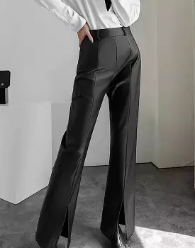 PU Leather Slim Pants With Front Slit