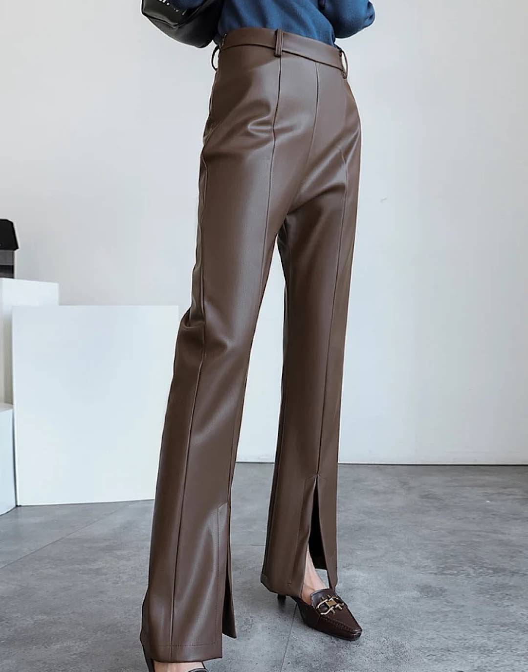 PU Leather Slim Pants With Front Slit