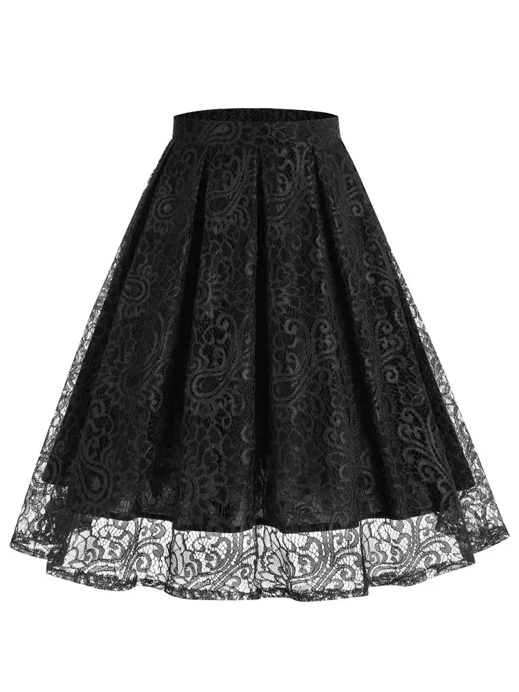 Retro Elastic Waist Green Solid Lace Overlay Pleated Skirt for Women Vintage Style Midi Skirts Elegant