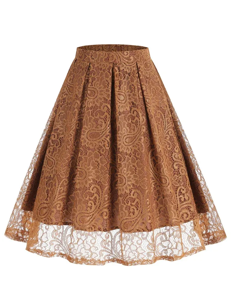 Retro Elastic Waist Green Solid Lace Overlay Pleated Skirt for Women Vintage Style Midi Skirts Elegant