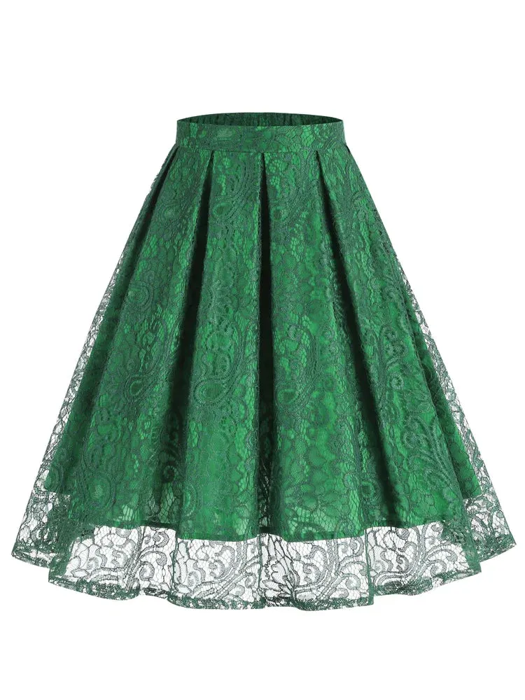 Retro Elastic Waist Green Solid Lace Overlay Pleated Skirt for Women Vintage Style Midi Skirts Elegant