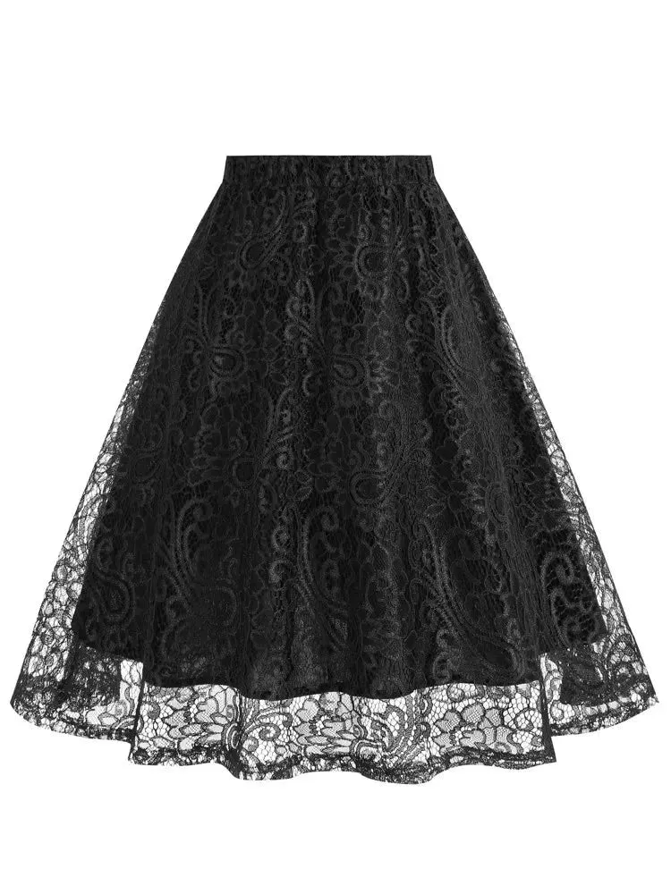 Retro Elastic Waist Green Solid Lace Overlay Pleated Skirt for Women Vintage Style Midi Skirts Elegant