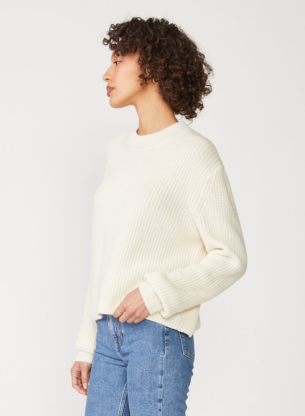 Ribbed Cashmere Tall Collar Sweater in Cream