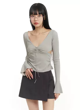 Semi-Ruched Cut Out Knotted Long Sleeve Blouse IM406