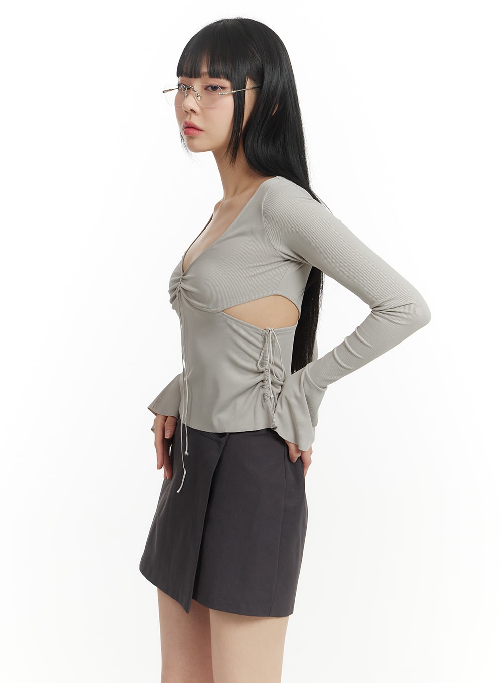 Semi-Ruched Cut Out Knotted Long Sleeve Blouse IM406