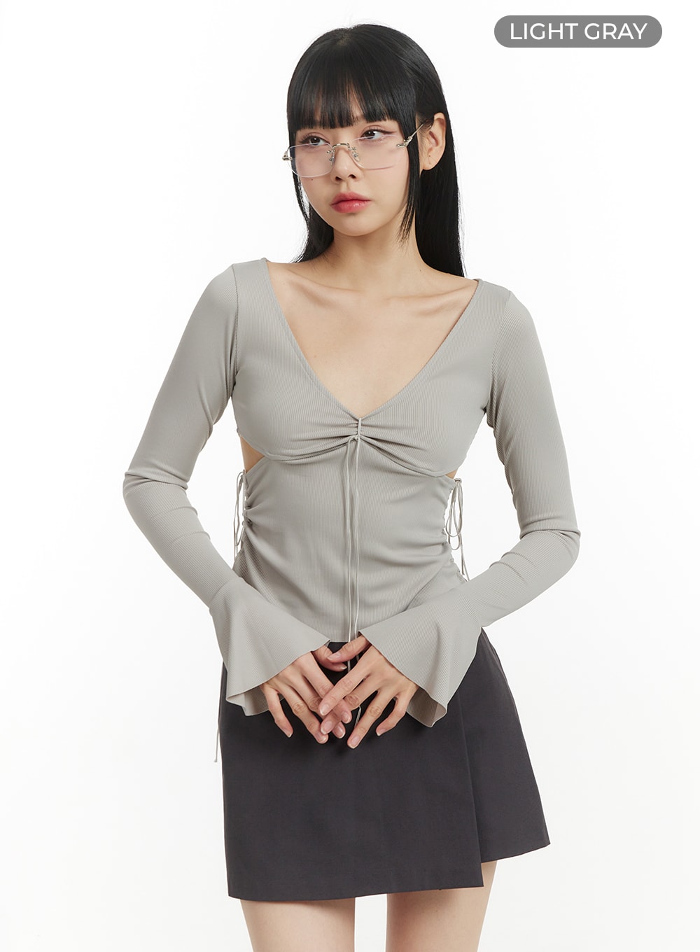 Semi-Ruched Cut Out Knotted Long Sleeve Blouse IM406