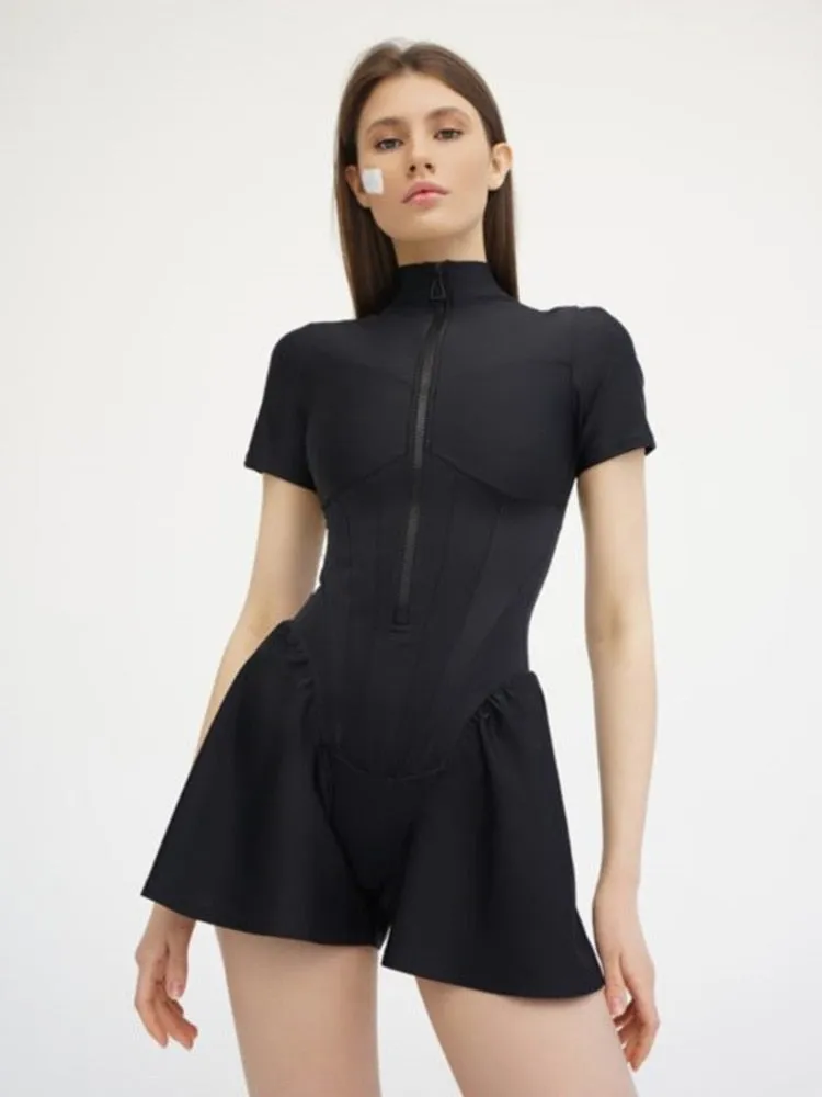 Sexy Bodycon O-Neck Short Sleeve Zipper Bodysuit