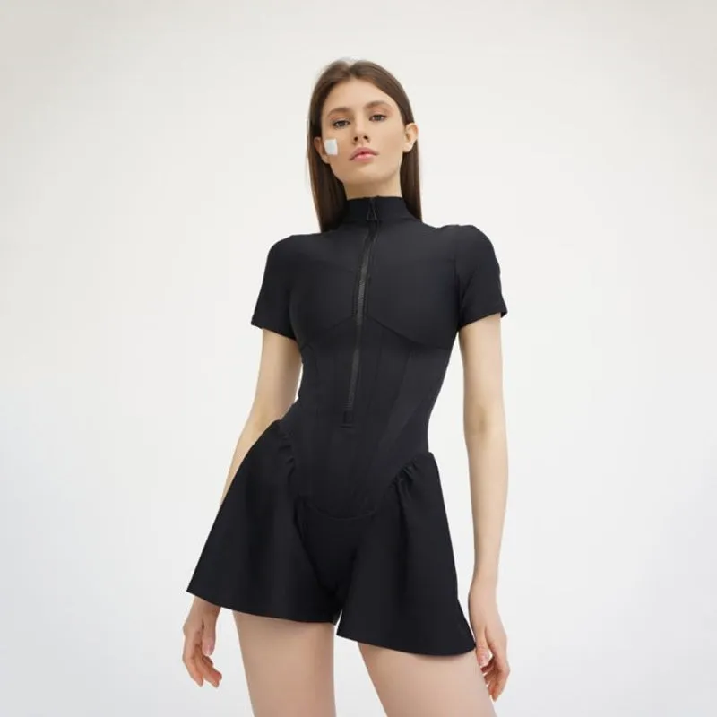 Sexy Bodycon O-Neck Short Sleeve Zipper Bodysuit