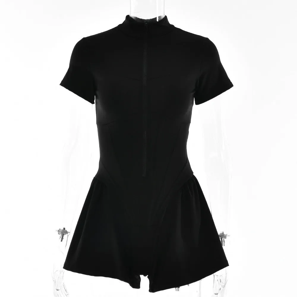 Sexy Bodycon O-Neck Short Sleeve Zipper Bodysuit