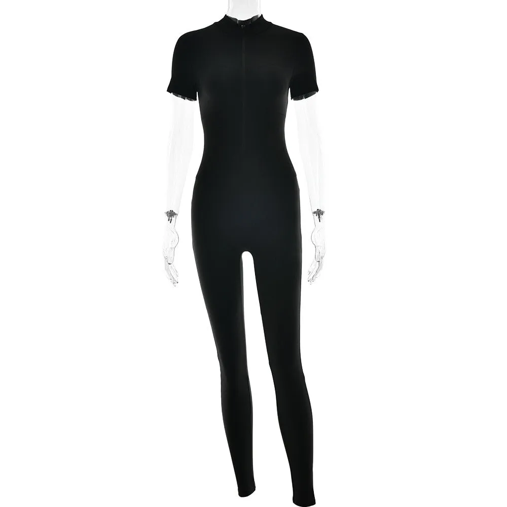 Sexy Bodycon O-Neck Short Sleeve Zipper Bodysuit