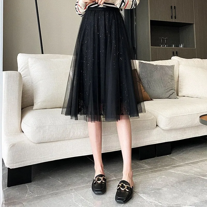 Spring Elastic High Waist Lace Mesh Women Gradient Pleated Midi Skirts