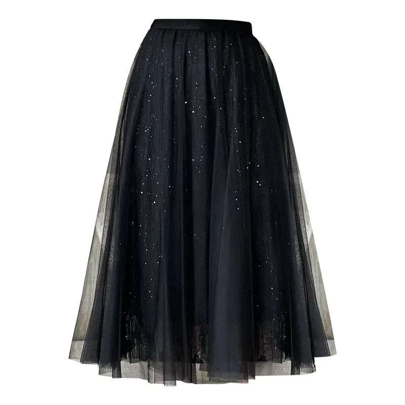 Spring Elastic High Waist Lace Mesh Women Gradient Pleated Midi Skirts