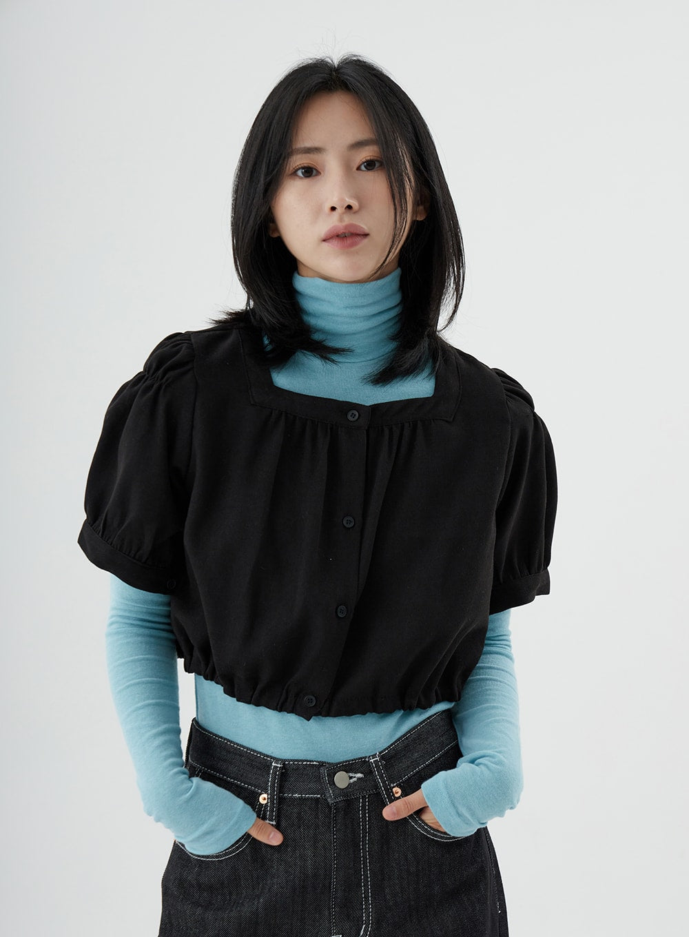 Square Neck Short Puffy Sleeve Crop Blouse ON01