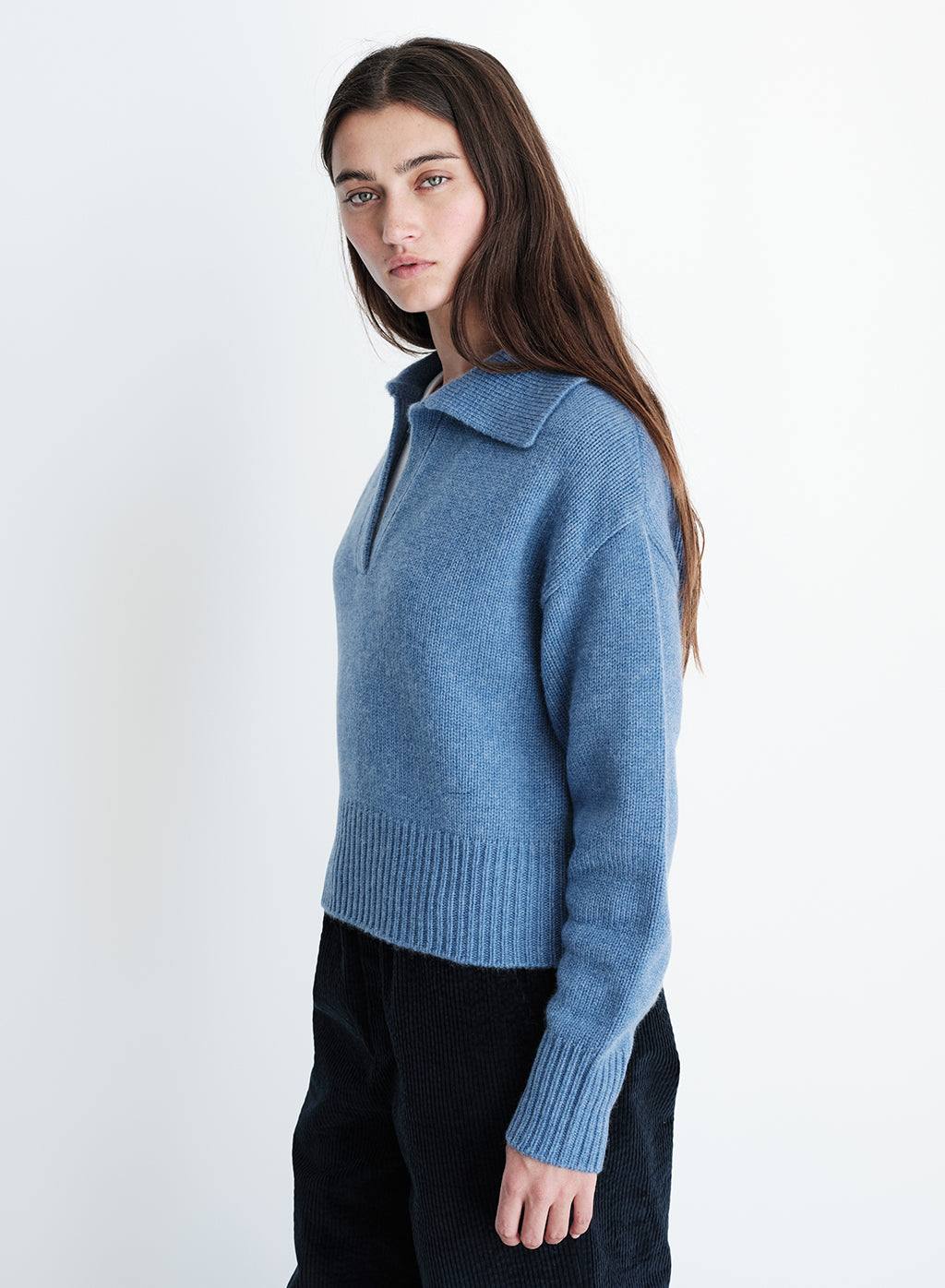 Stateside Cozy Cashmere Blend Johnny Collar Sweater in Denim