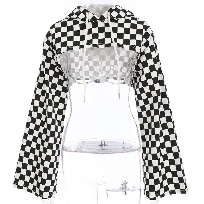 STREET FASHION BLACK WHITE CHECHERS SHORT BLOUSE BY22228