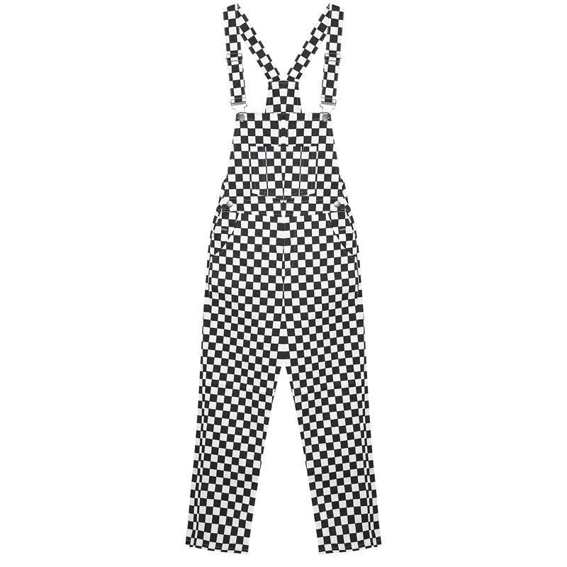 STREET FASHION BLACK WHITE CHECKERS OVERALLS PANTS BY63044