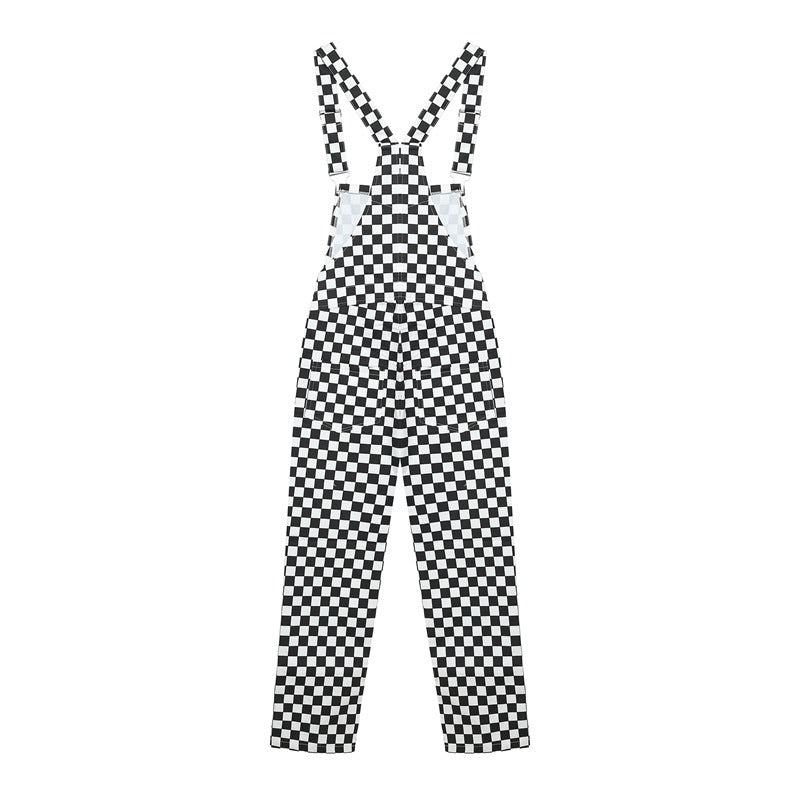 STREET FASHION BLACK WHITE CHECKERS OVERALLS PANTS BY63044