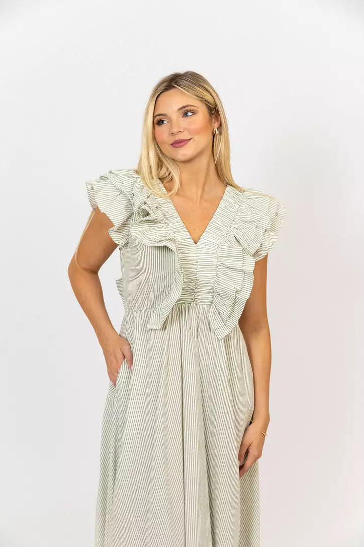 Stripe Seersucker Ruffle Smock Dress