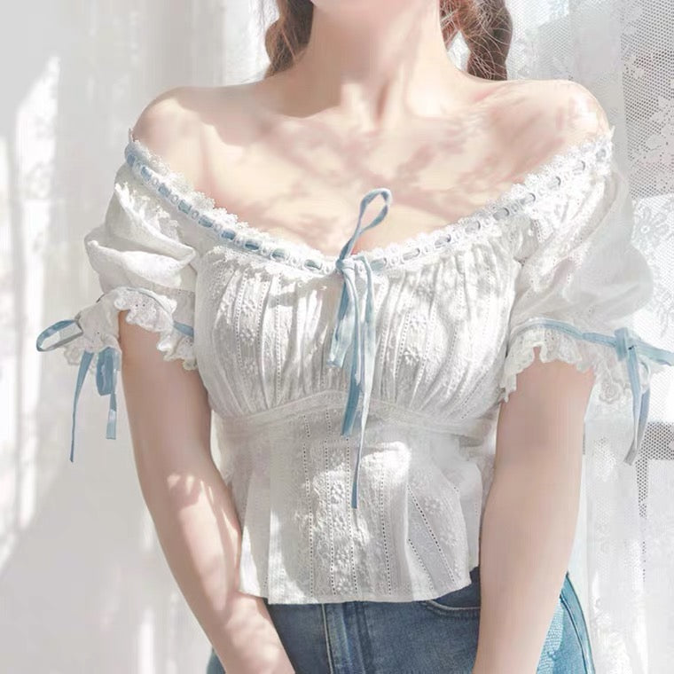 Summer greenty off shoulder blue ribbon blouse tops