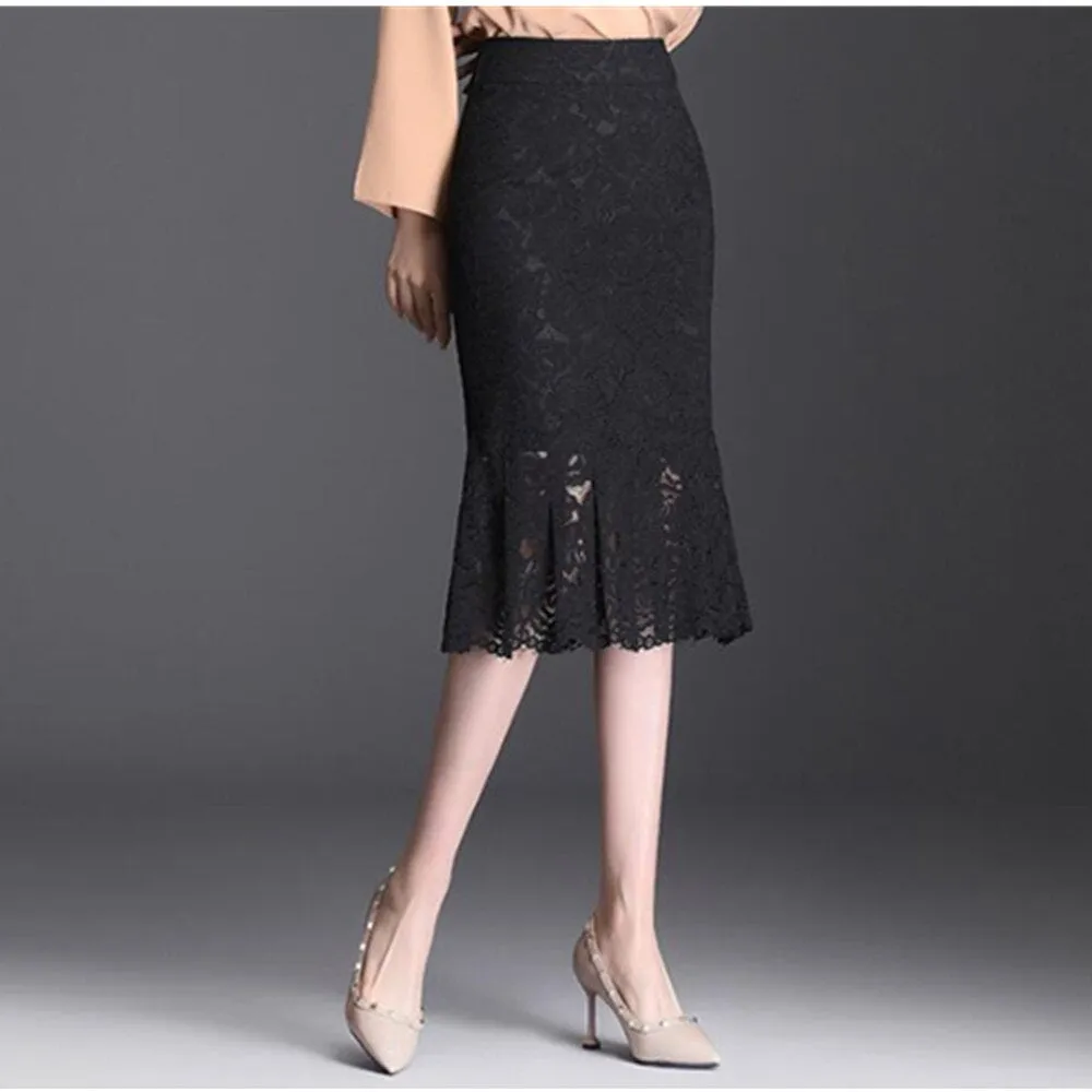 Summer High Waist Mermaid Women Black Office OL Skirt Solid Color Package Hip Midi Skirts