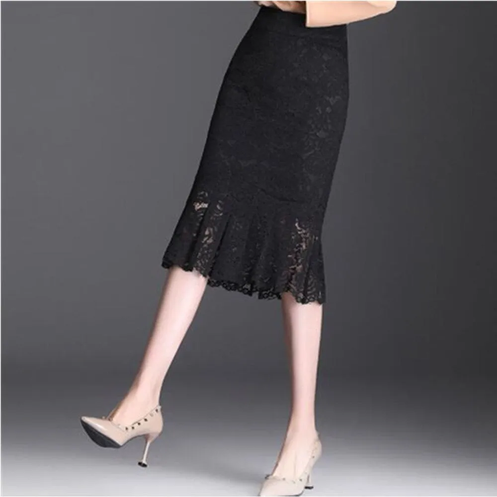 Summer High Waist Mermaid Women Black Office OL Skirt Solid Color Package Hip Midi Skirts