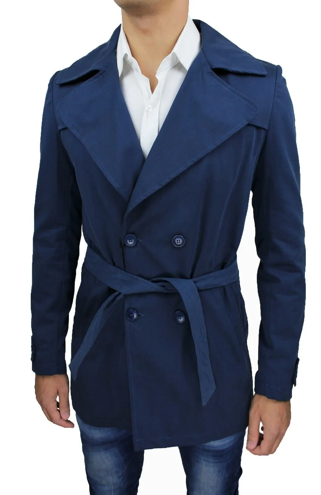 Trench soprabito uomo Sartoriale blu scuro giacca giubbotto doppio petto casual