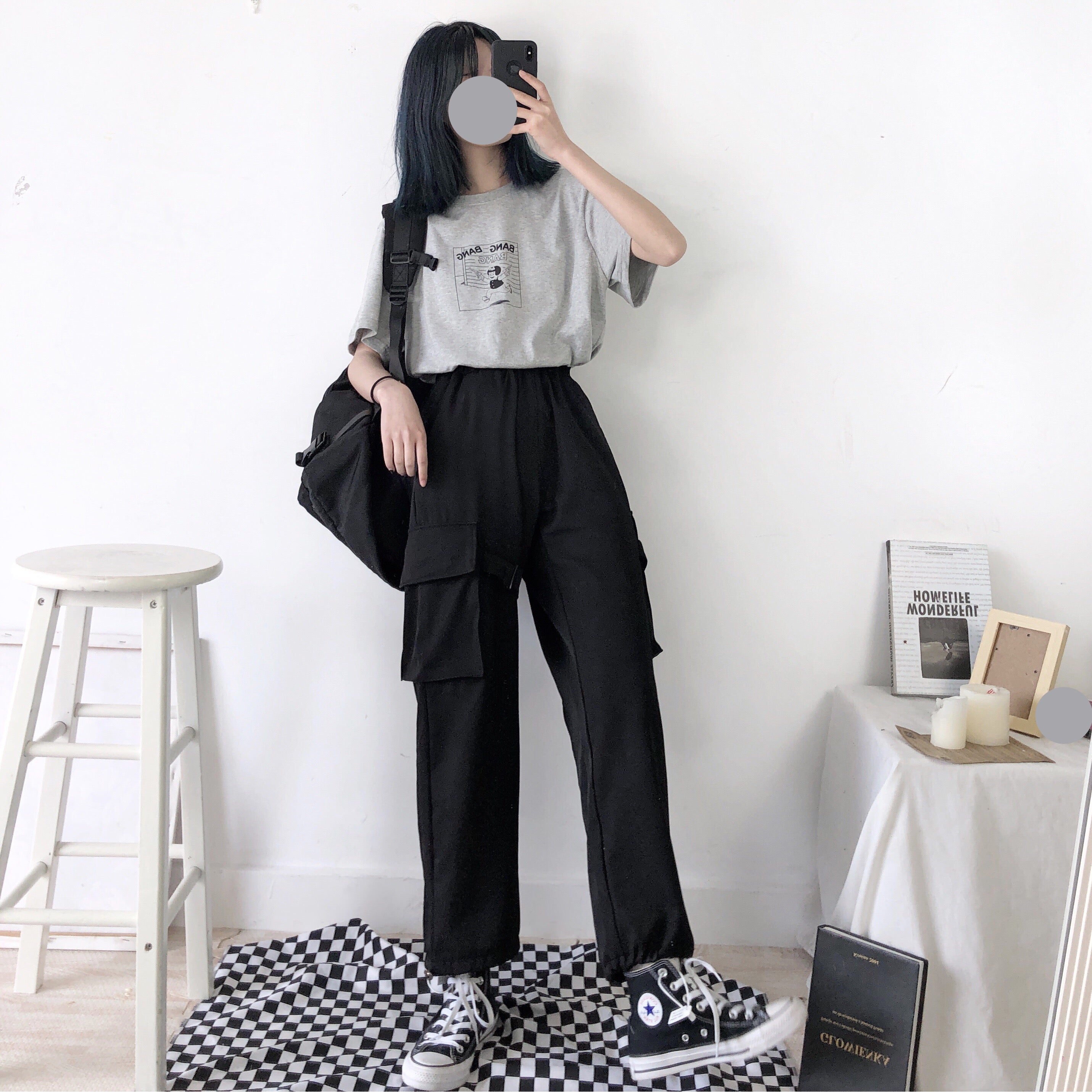 UNISEX FASHION BLACK POCKET WIDE LEG PANTS BY63059