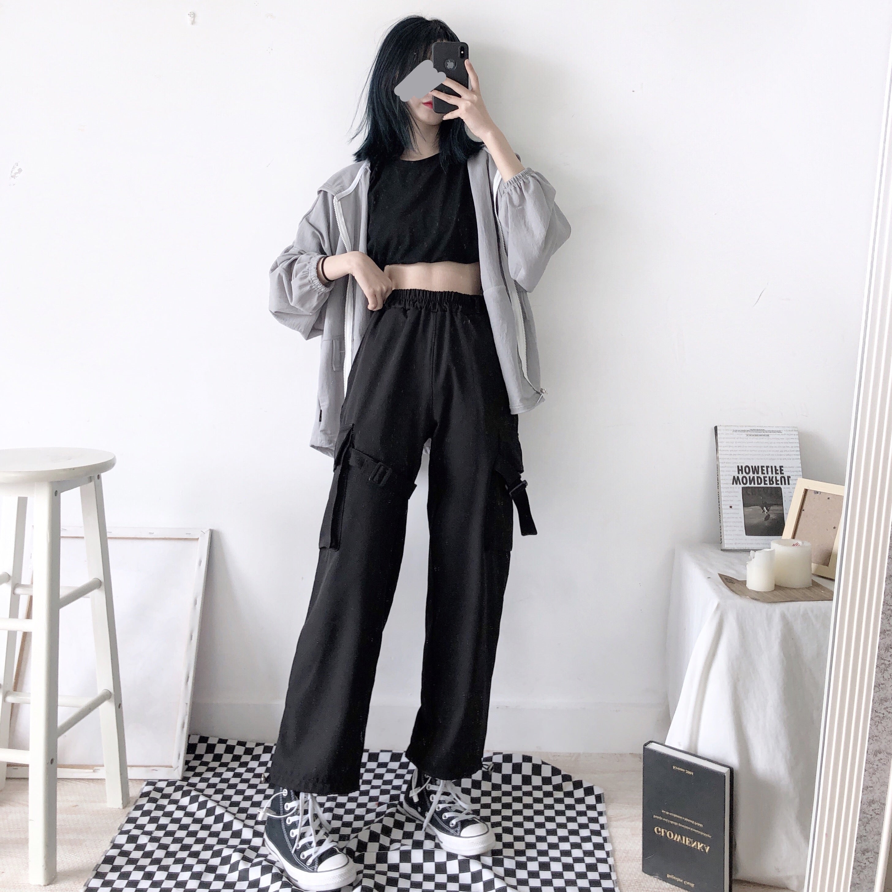 UNISEX FASHION BLACK POCKET WIDE LEG PANTS BY63059