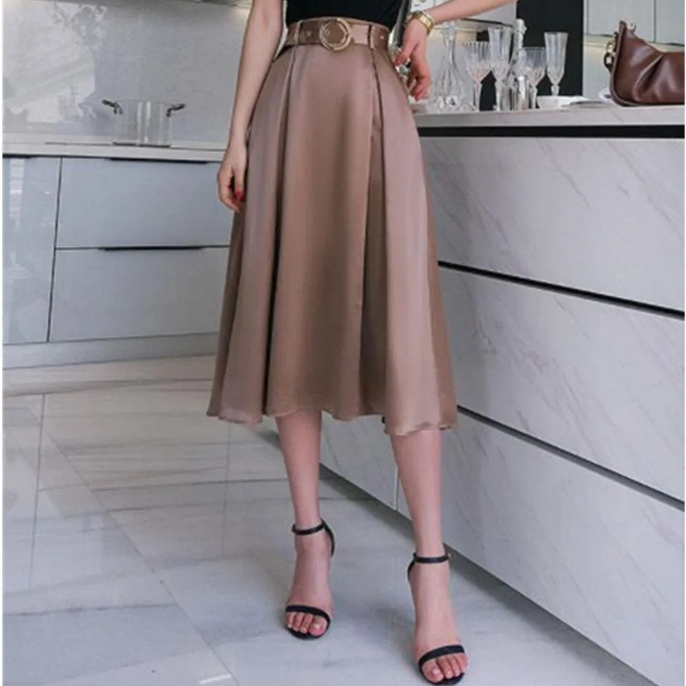 Women Summer A Line Satin Midi Skirts Elegant Office Style Party Lady Solid High Waist Long Skirt