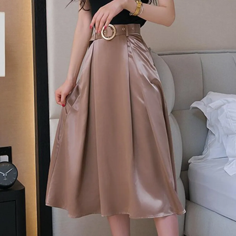 Women Summer A Line Satin Midi Skirts Elegant Office Style Party Lady Solid High Waist Long Skirt