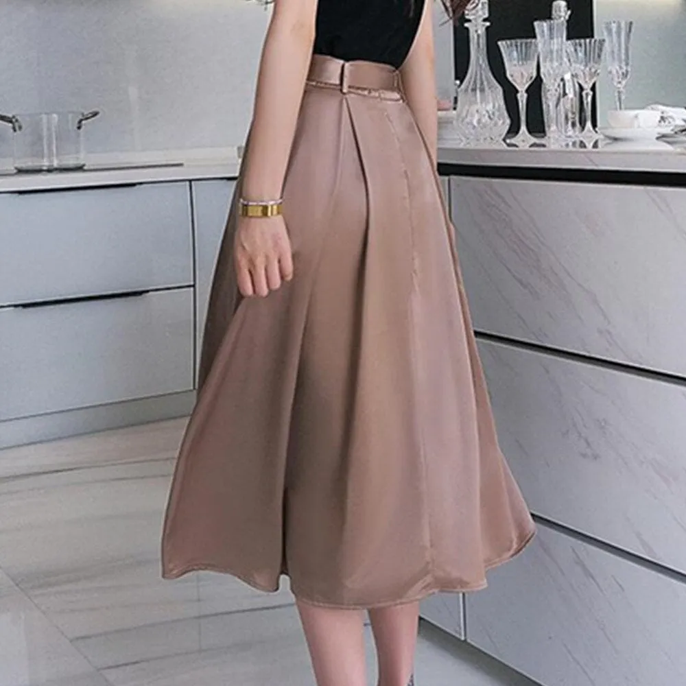 Women Summer A Line Satin Midi Skirts Elegant Office Style Party Lady Solid High Waist Long Skirt