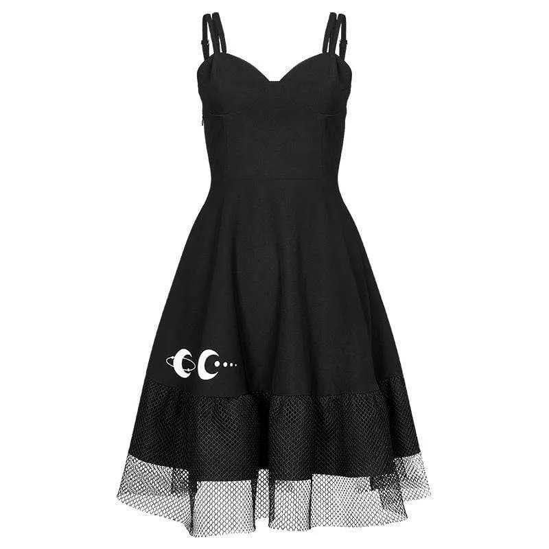 Women's Grunge Star Moon Printed Mesh Hem Black Slip Dresses