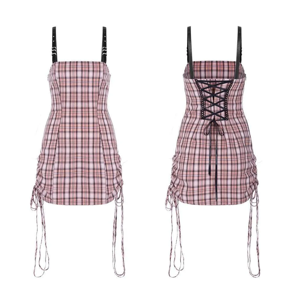 Women's Lace-up Ruched Fitted Plaid Slip Dresses