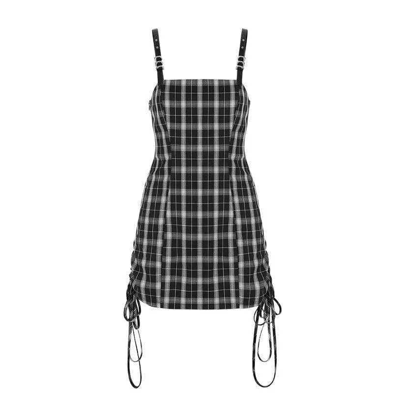 Women's Lace-up Ruched Fitted Plaid Slip Dresses