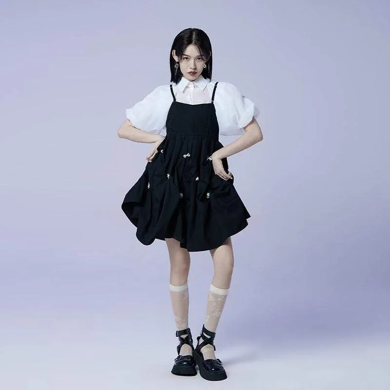 Women's Lolita Bowknot Multilayer Black Slip Dresses