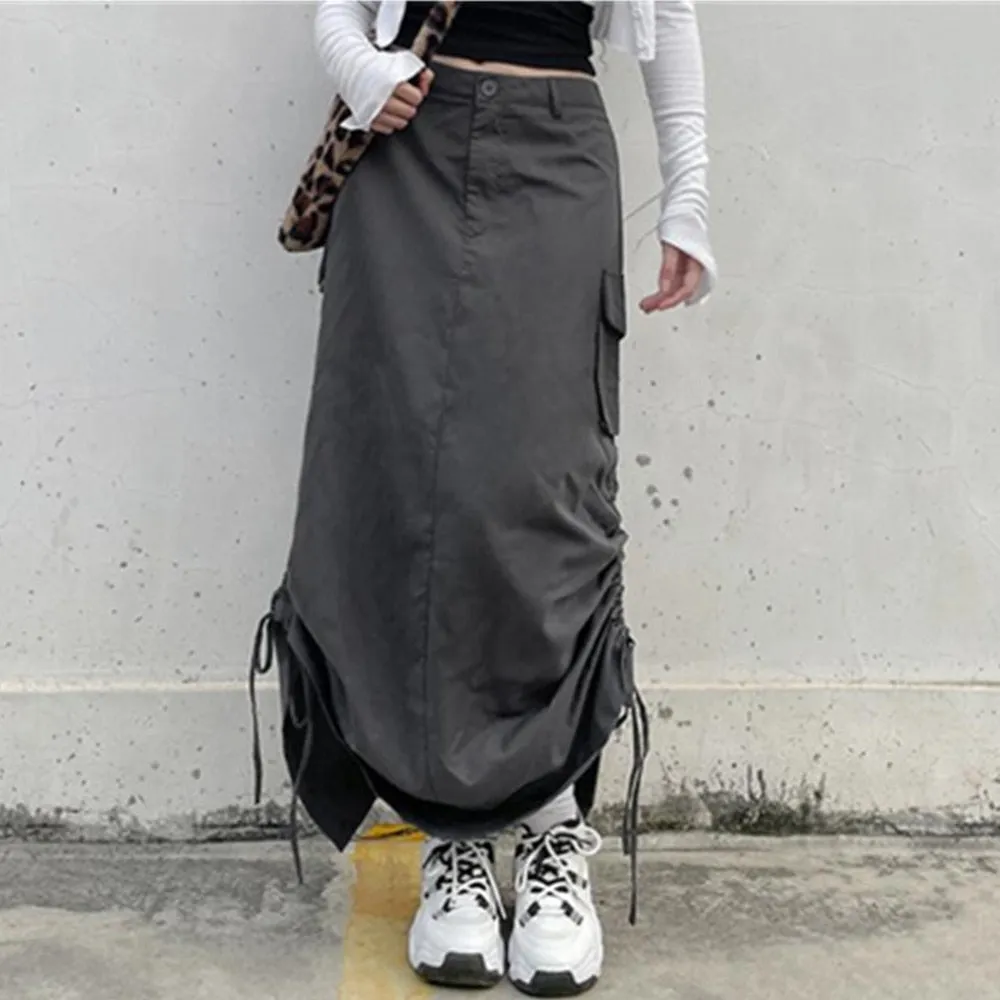 y2k Grey Retro Long Skirts Prepply Baggy Cargo Patchwork Ruched Midi Skirts Women Streetwear Pockets Korean Skirts 90s Vintage