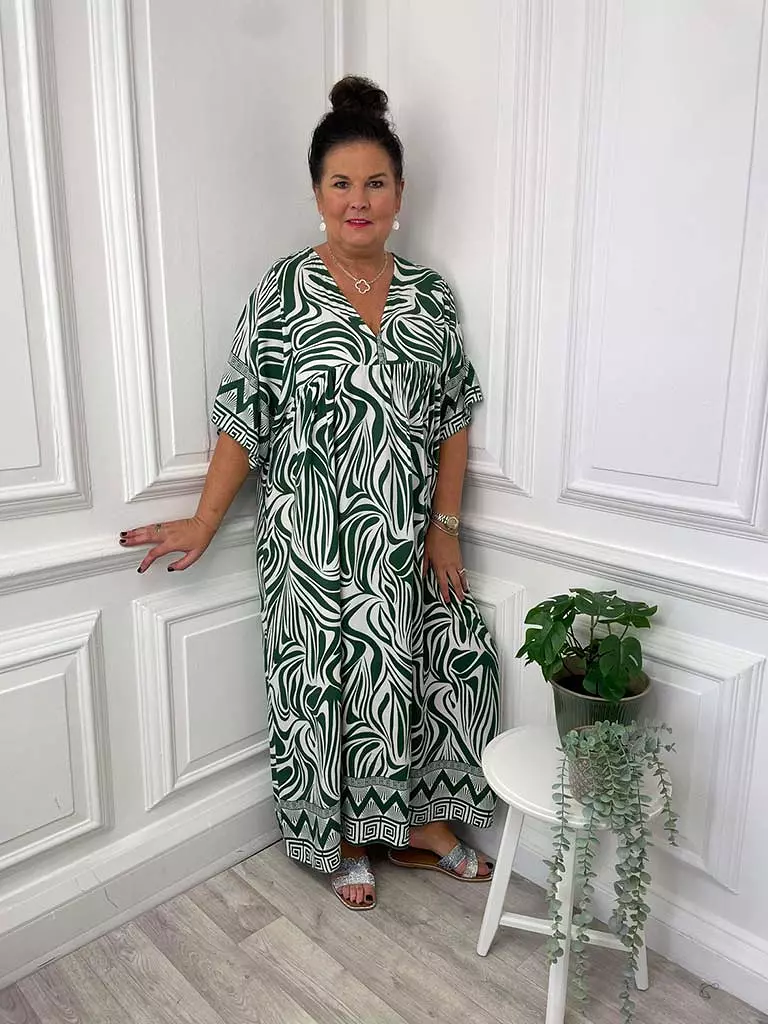 Zebra Print Smock Maxi Dress - Forest