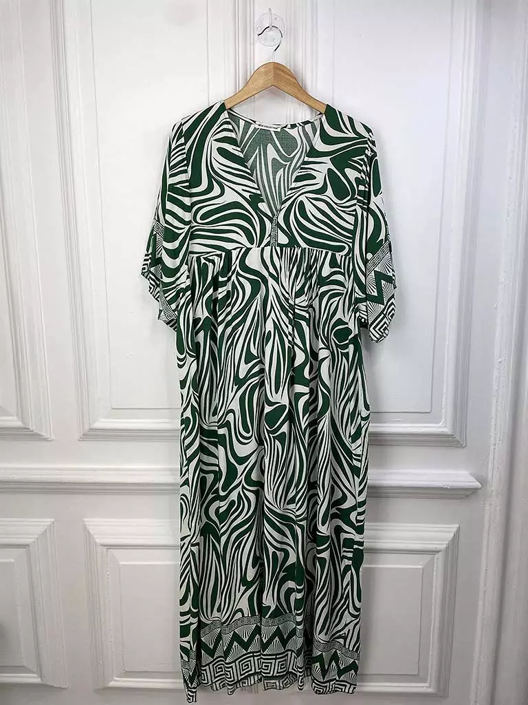 Zebra Print Smock Maxi Dress - Forest