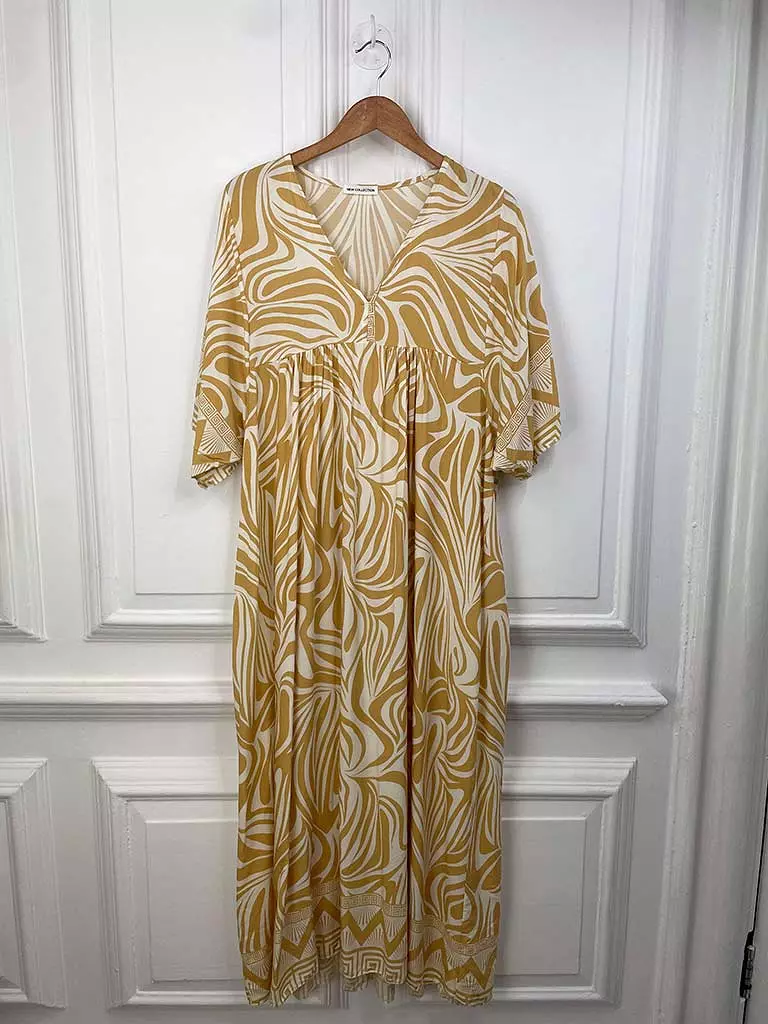 Zebra Print Smock Maxi Dress - Ochre